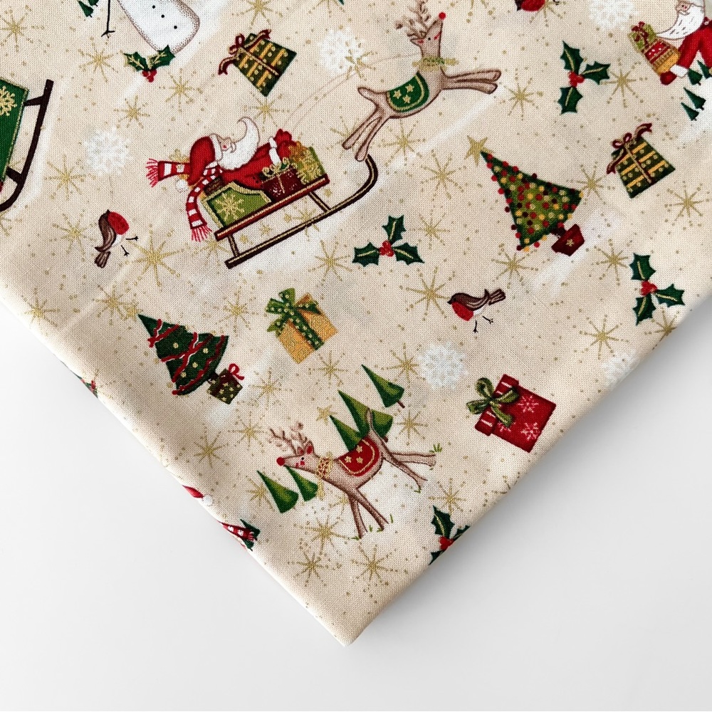 NEW 1 Yard 100% Cotton Fabric, Scandi Christmas Holiday Santa Sleigh Print